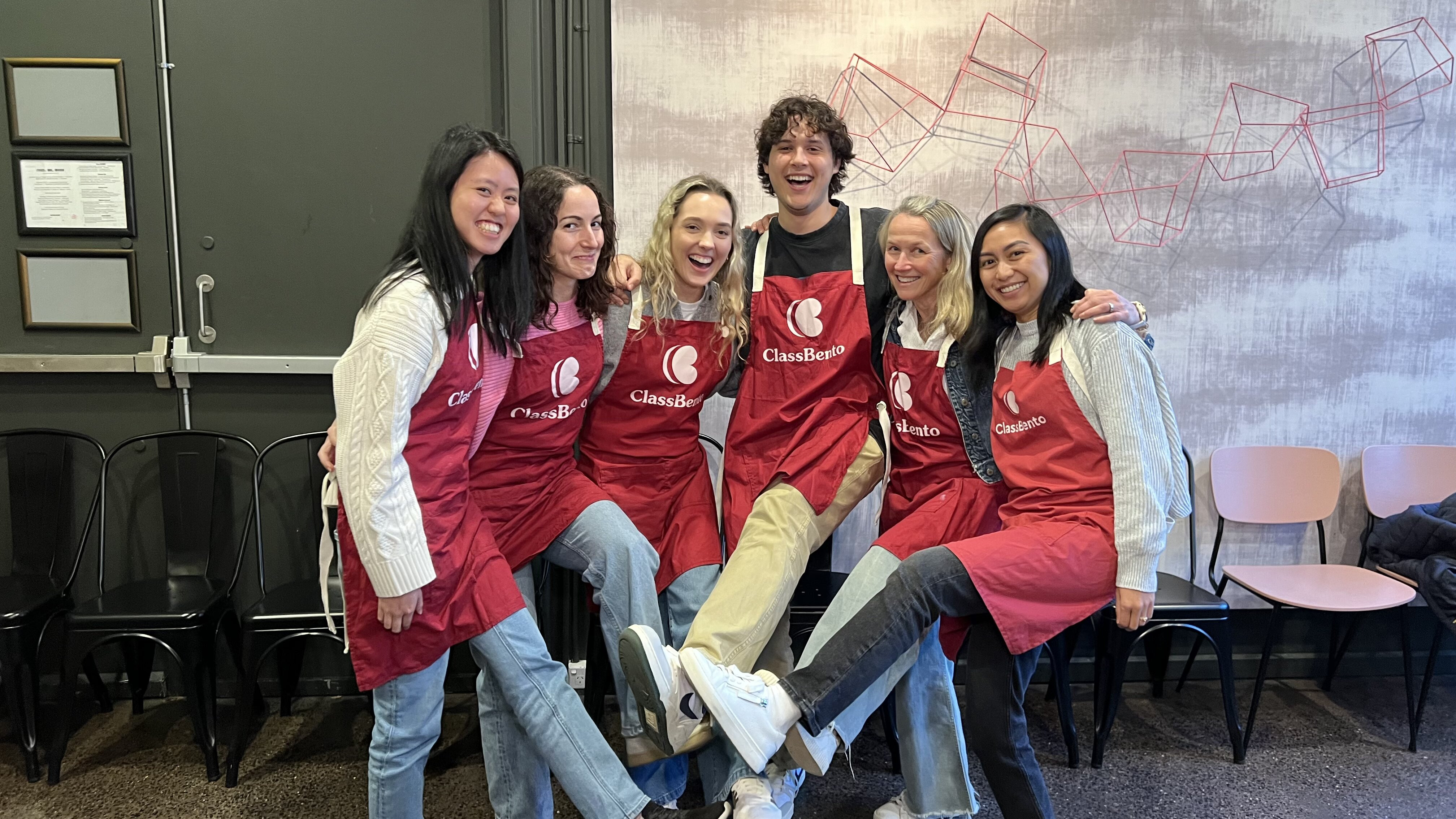 Classbento dance class group wearing aprons